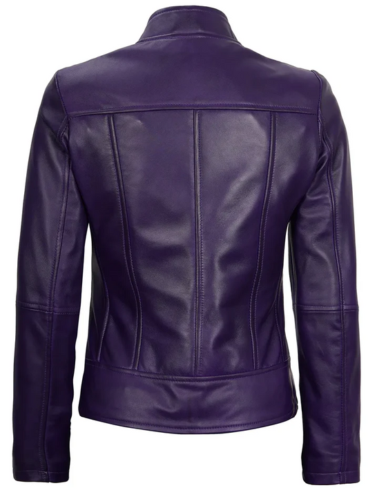 Amy Women's Purple Cafe Racer Leather Jacket - Side View