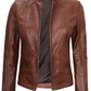 Amy Women's Cognac Brown Cafe Racer Leather Jacket - Front Open View