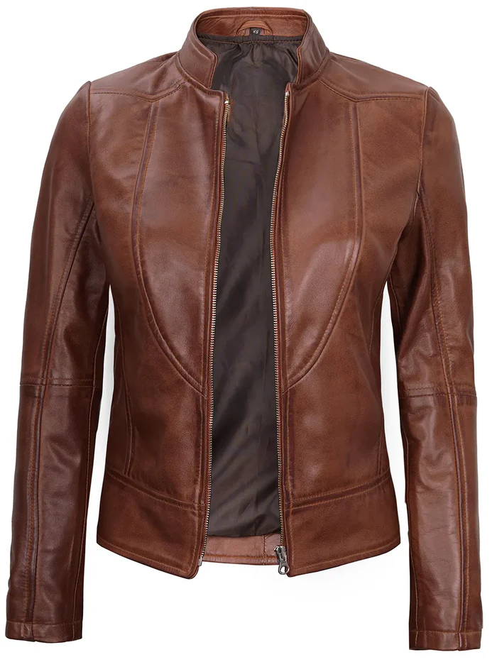 Amy Women's Cognac Brown Cafe Racer Leather Jacket - Front Open View