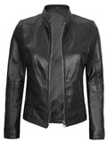Women’s Black Café Racer Leather Jacket – Open Front View