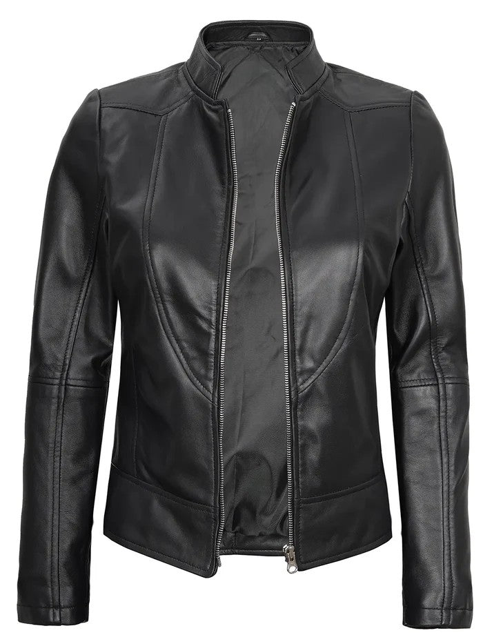 Women’s Black Café Racer Leather Jacket – Open Front View