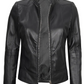 Amy Women's Black Cafe Racer Leather Jacket - Front View