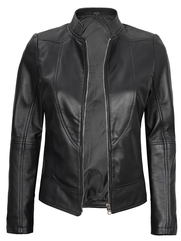 Amy Women's Black Cafe Racer Leather Jacket - Front View