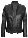 Amy Women's Black Cafe Racer Leather Jacket - Front View