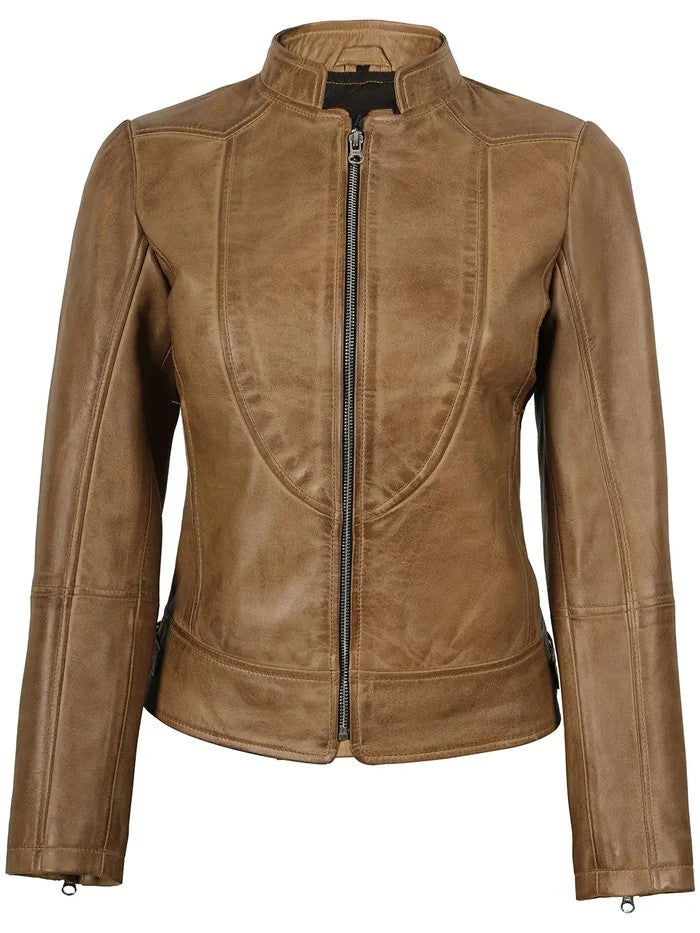 Amy Women’s Camel Leather Moto Jacket – Front View
