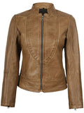 Amy Women’s Camel Leather Moto Jacket – Front View