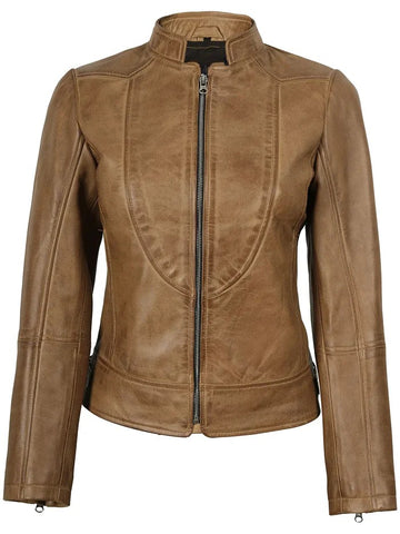 Amy Women’s Camel Leather Moto Jacket – Front View