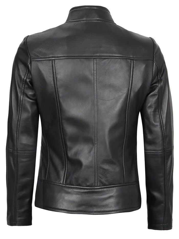 Amy Women’s Black Café Racer Leather Jacket – Front View
