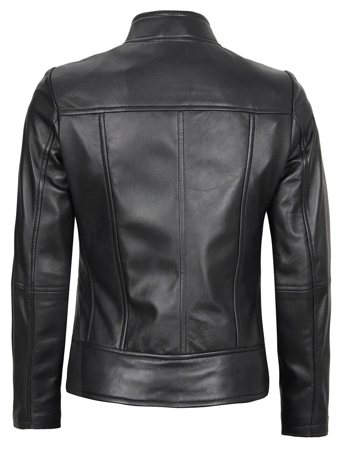 Amy Women's Black Cafe Racer Leather Jacket - Front Closed View