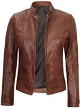 Women’s Brown Café Racer Leather Jacket – Side Angle