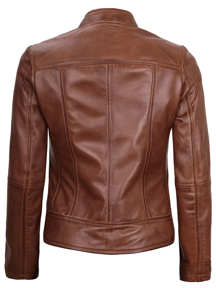 Amy Women's Cognac Brown Cafe Racer Leather Jacket - Side View