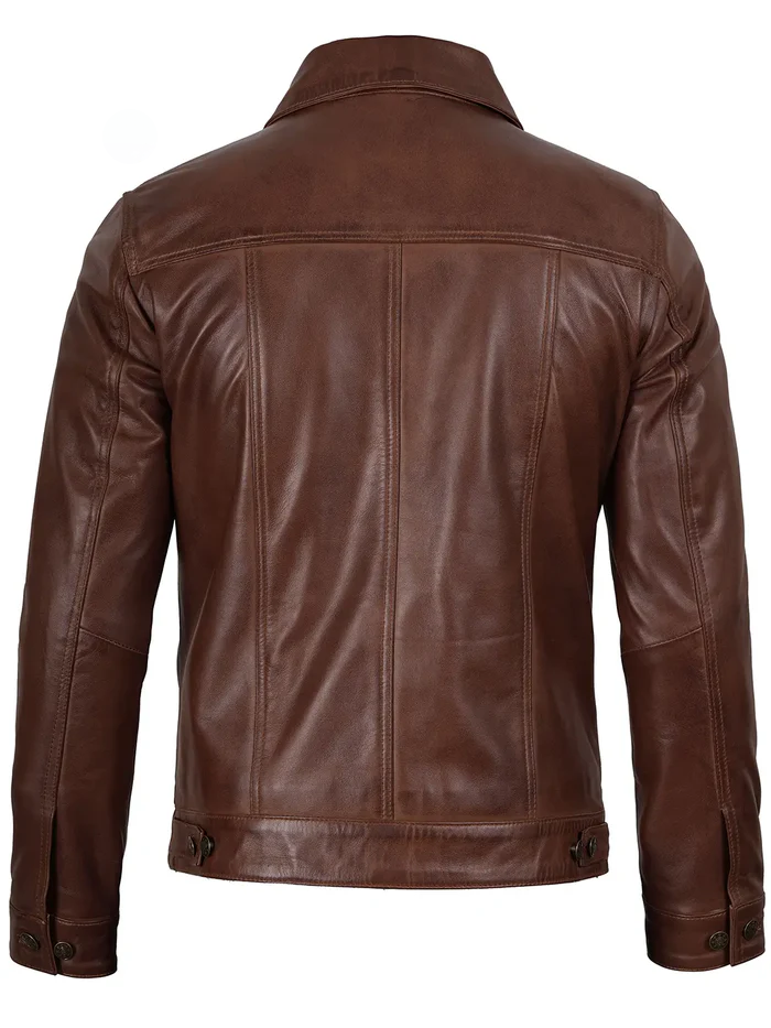 Fernando Men's Cognac Brown Waxed Leather Trucker Jacket - Front Open View