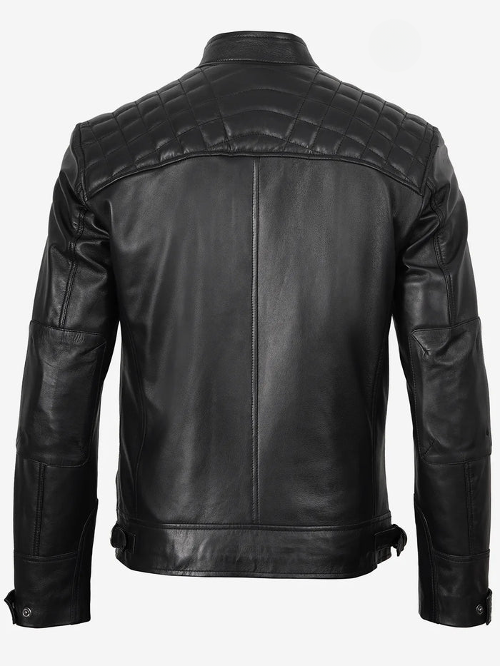Johnson Men's Black Quilted Biker Leather Jacket - Front View