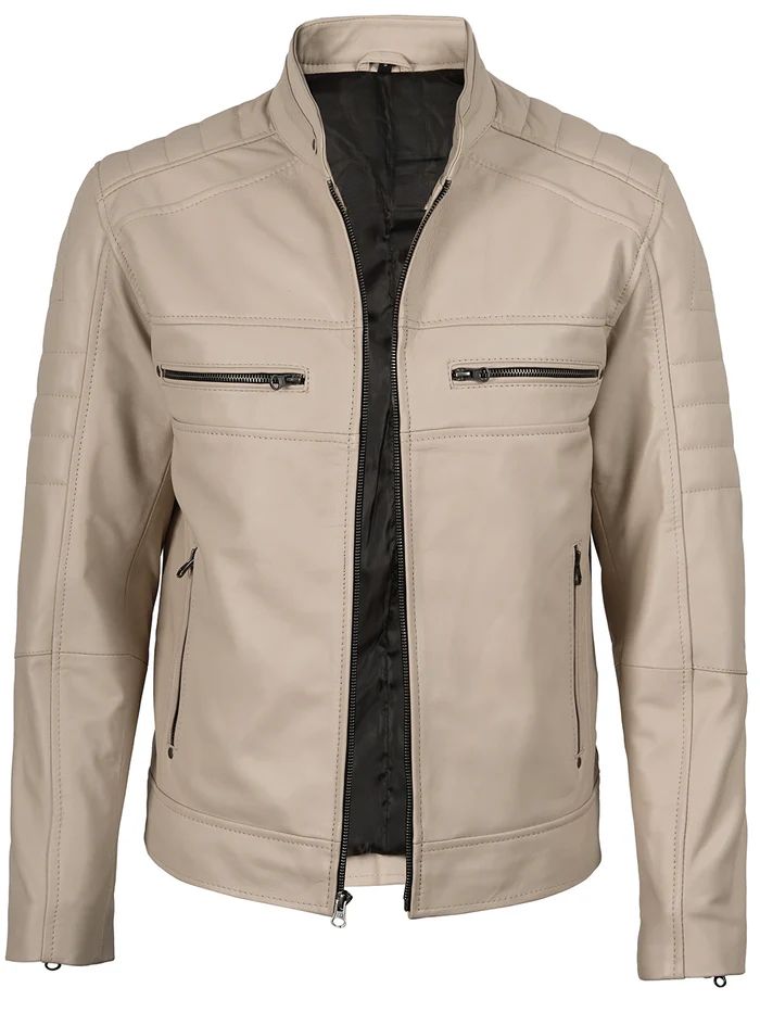 Dune Men's Beige Cafe Racer Leather Jacket - Front Open View