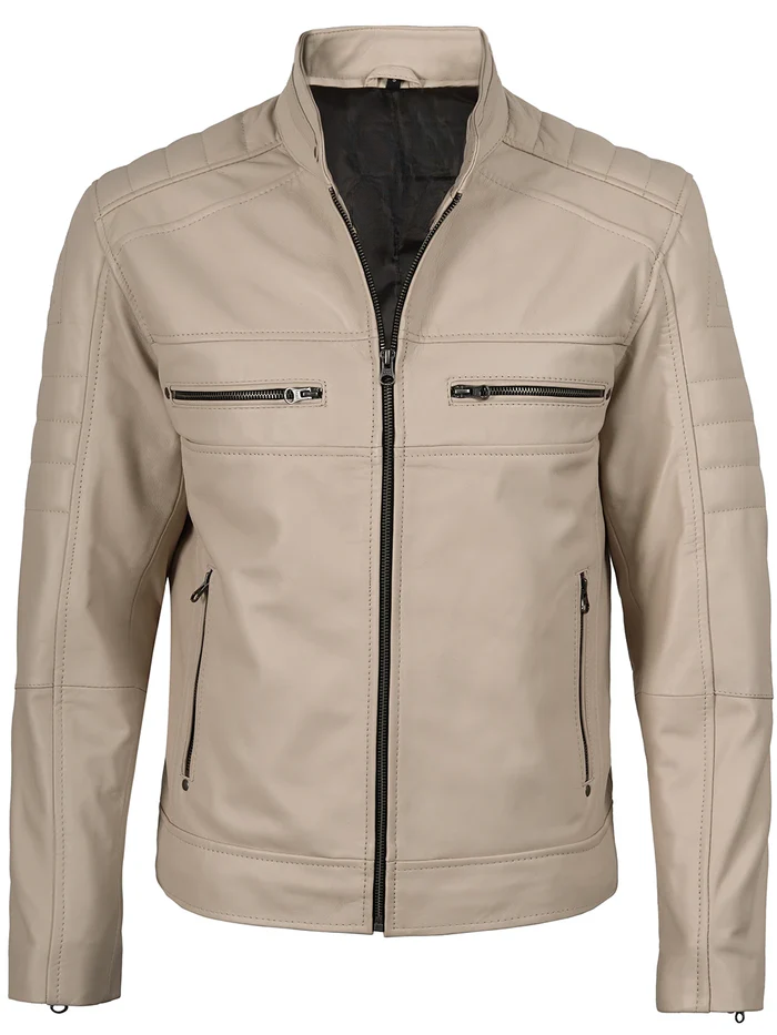 Dune Men's Beige Cafe Racer Leather Jacket - Front View