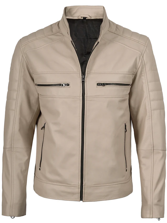 Dune Men's Beige Cafe Racer Leather Jacket - Front View