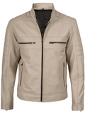 Dune Men's Beige Cafe Racer Leather Jacket - Front View