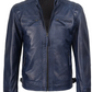 Navy Men's Blue Waxed Biker Leather Jacket - Front Open View