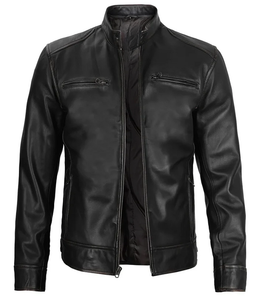 Rogue Men's Black Vintage Cafe Racer Leather Jacket - Front Open View