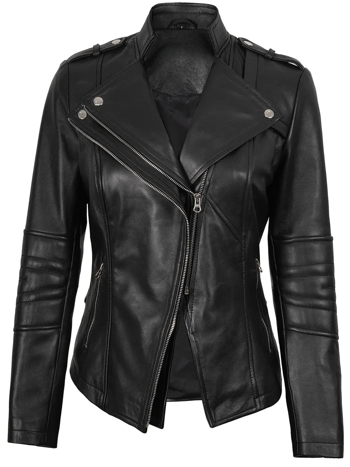 Monica Women's Black Asymmetric Moto Leather Jacket - Front Open View