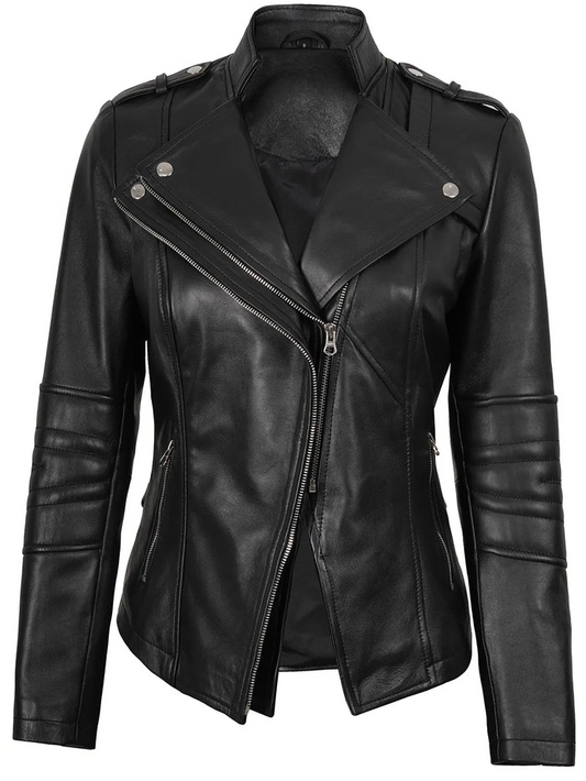 Monica Women's Black Asymmetric Moto Leather Jacket - Front Open View