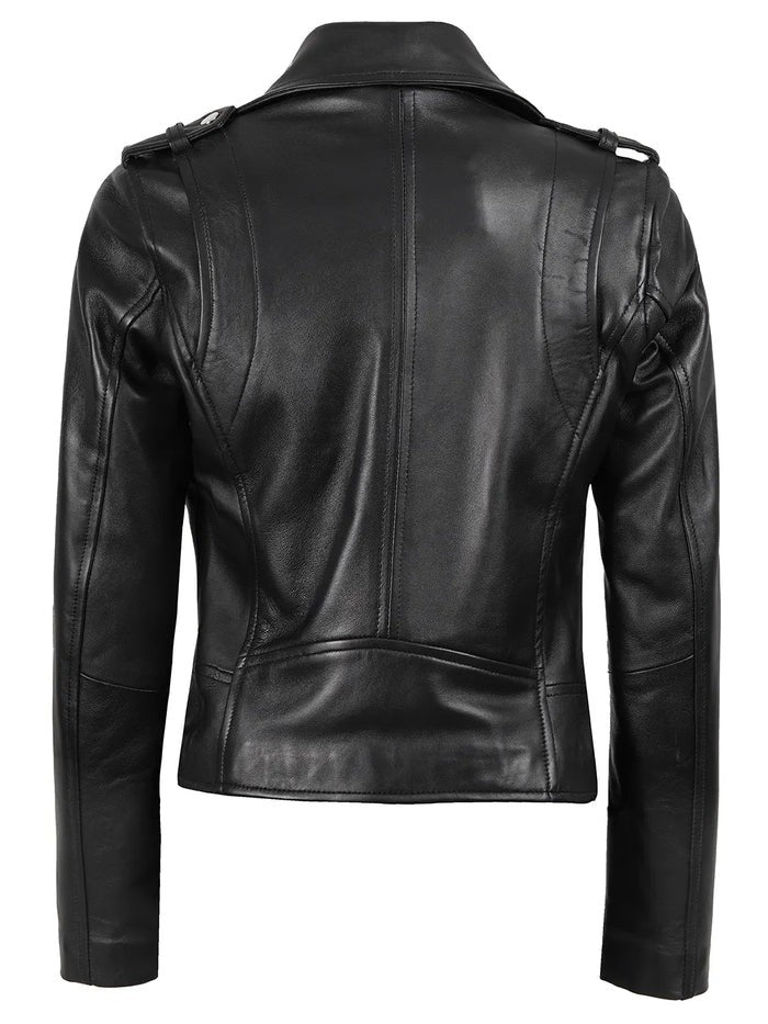 Women’s Black Asymmetrical Leather Motorcycle Jacket – Front View
