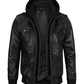 Storm Men's Black Hooded Bomber Leather Jacket - Front Open View