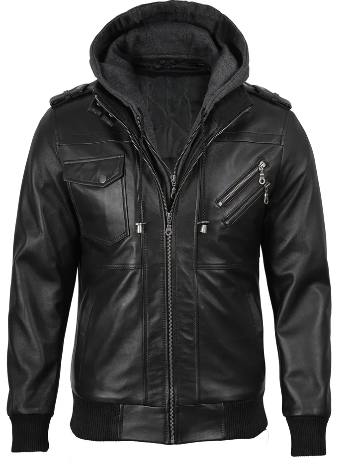 Men’s Black Bomber Leather Jacket with Detachable Hood – Front View | NSM Jackets