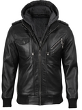 Men’s Black Bomber Leather Jacket with Detachable Hood – Front View | NSM Jackets