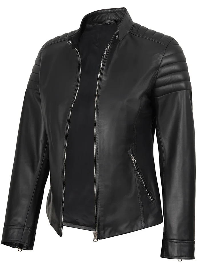 Luna Women's Black Cafe Racer Leather Jacket - Side View