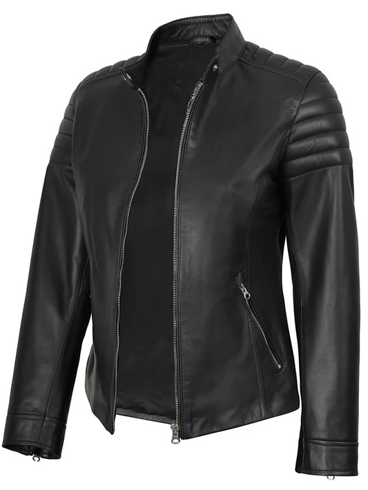 Luna Women's Black Cafe Racer Leather Jacket - Side View