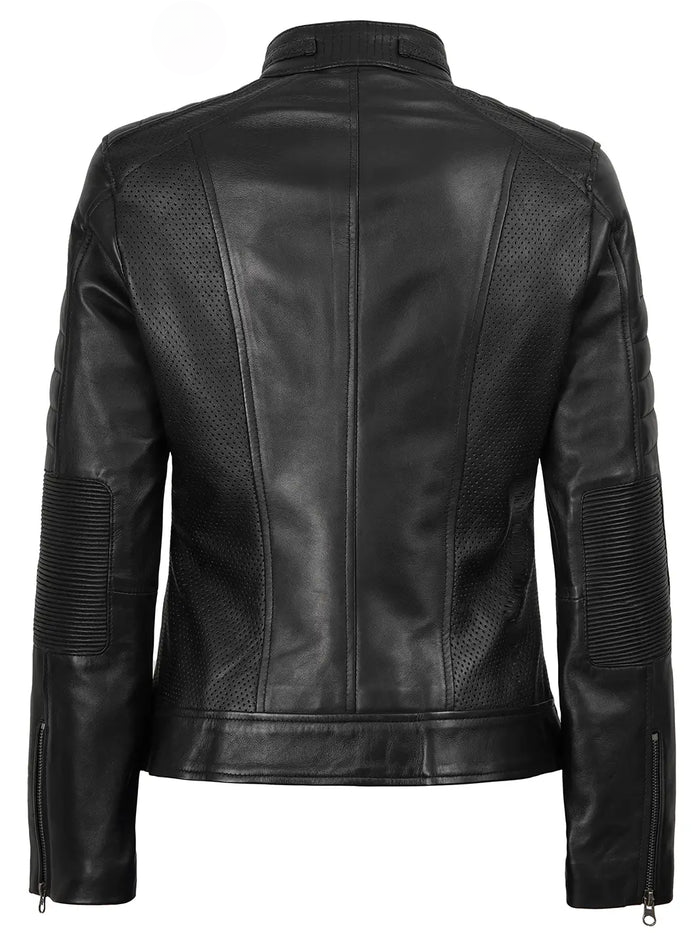 Zara Women's Black Cafe Racer Leather Jacket - Front Closed View