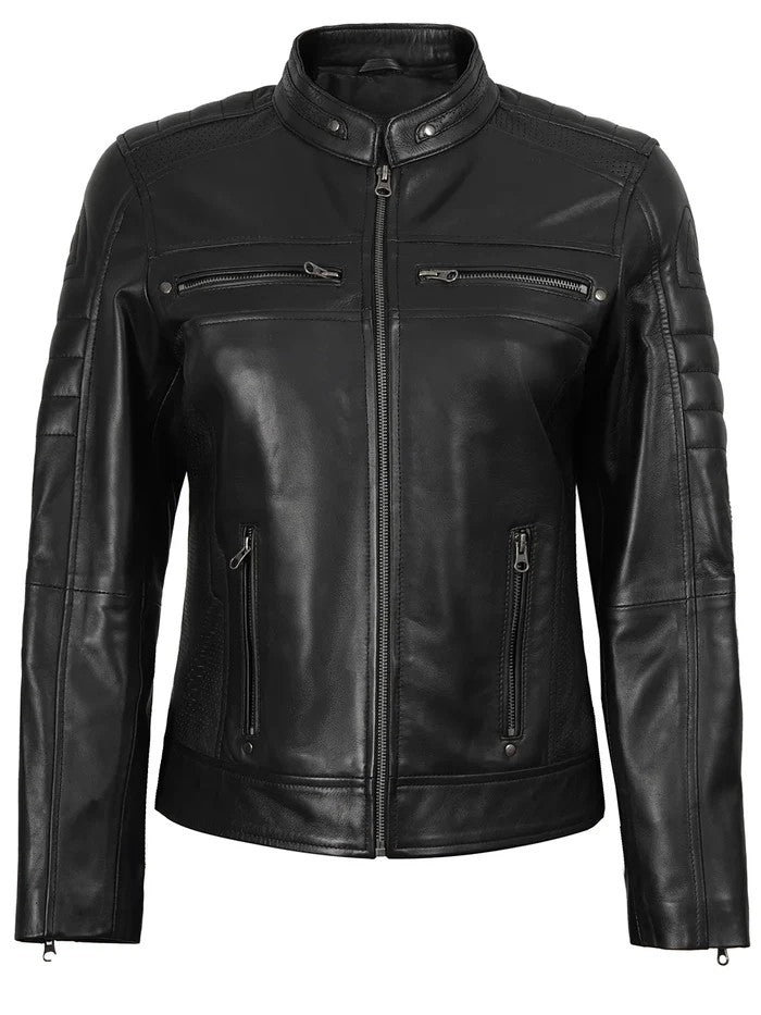 Women’s Black Café Racer Real Leather Jacket – Front View