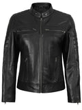 Women’s Black Café Racer Real Leather Jacket – Front View