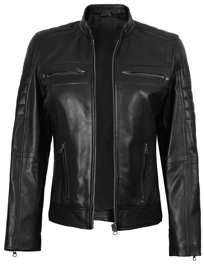Zara Women's Black Cafe Racer Leather Jacket - Front View