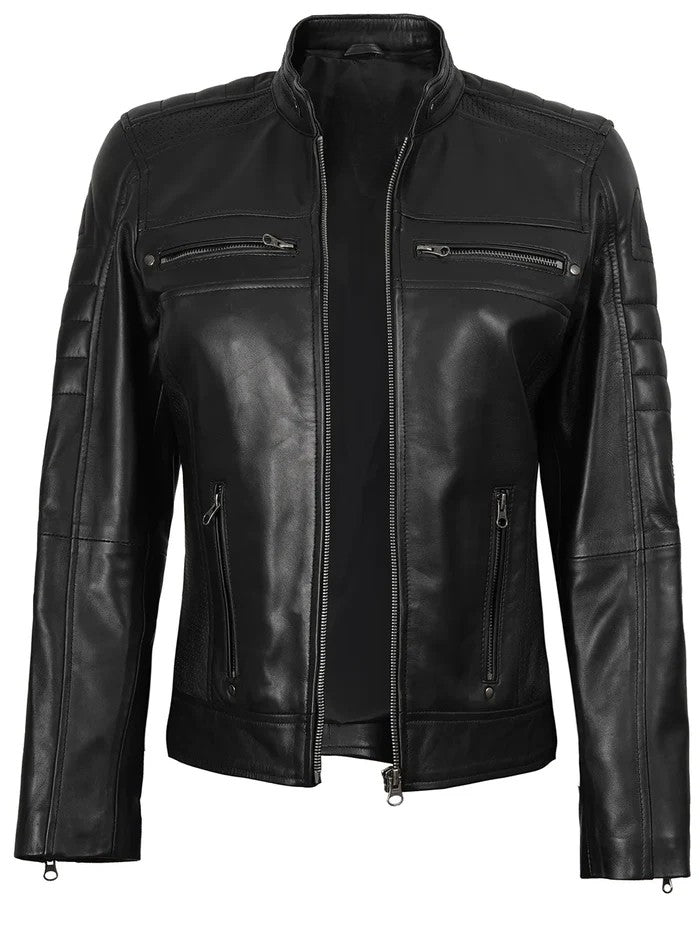 Women’s Real Leather Biker Jacket – Front Zip Detail
