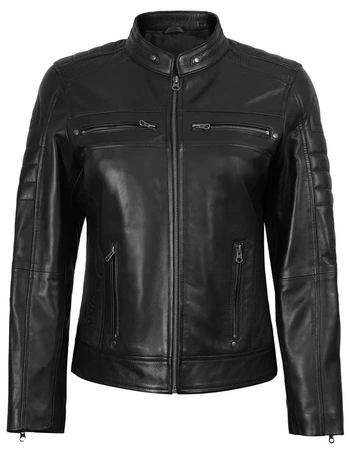 Zara Women's Black Cafe Racer Leather Jacket - Side View