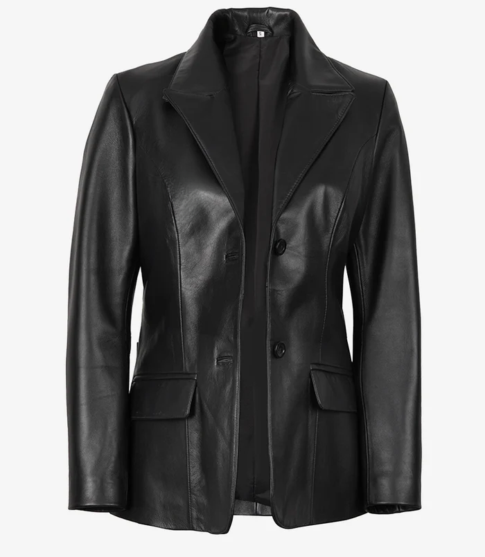 Nova Women's Black Peak Lapel Leather Blazer - Back View