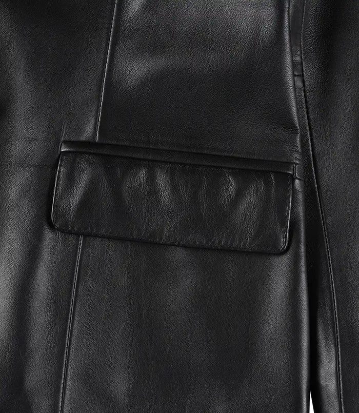 Nova Women's Black Peak Lapel Leather Blazer - Detail View