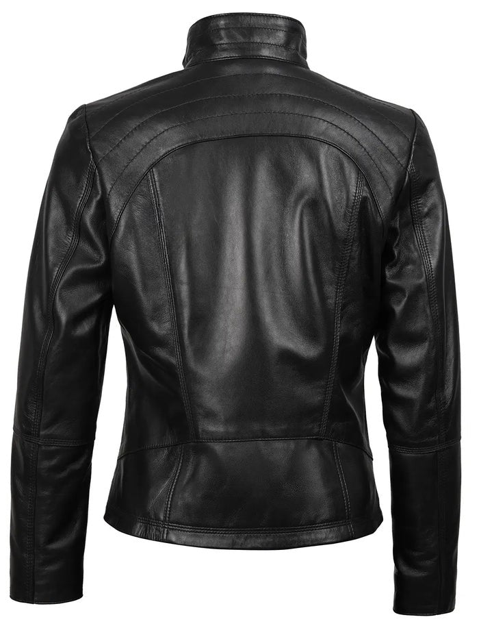 Back View of Women’s Black Real Leather Café Racer Jacket 