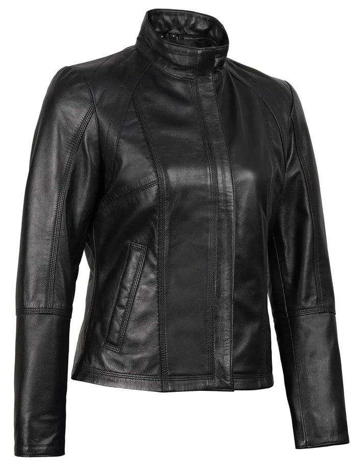 Women’s Black Café Racer Leather Jacket – Front View 