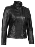 Women’s Black Café Racer Leather Jacket – Front View 