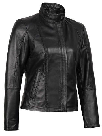 Women’s Black Café Racer Leather Jacket – Front View 