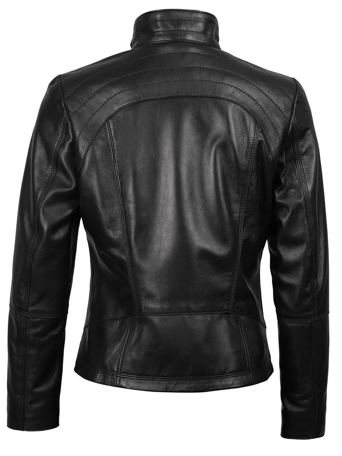 Raven Women's Black Biker Leather Jacket - Front View