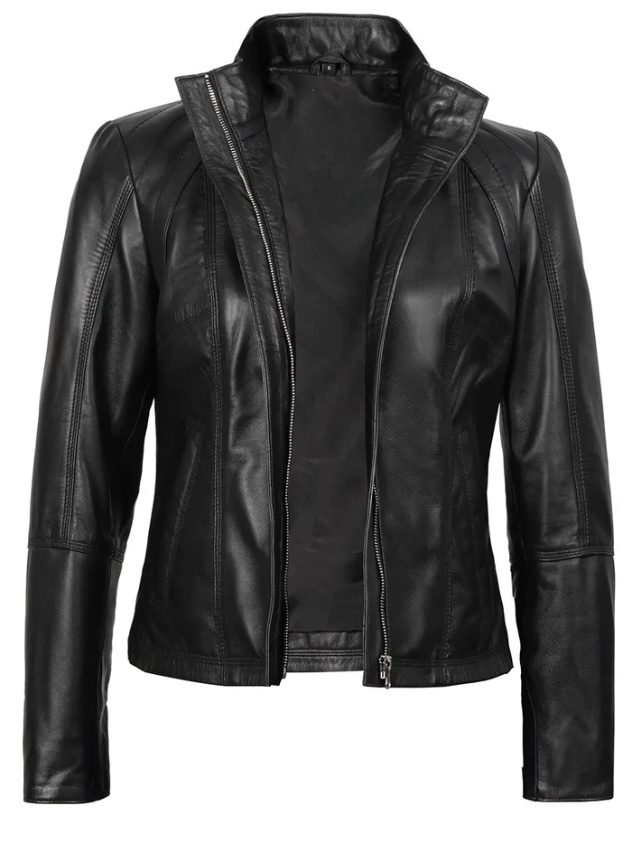 Raven Women's Black Biker Leather Jacket - Front Open View
