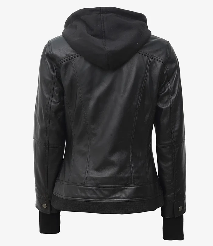 Storm Women's Black Hooded Bomber Leather Jacket - Back View