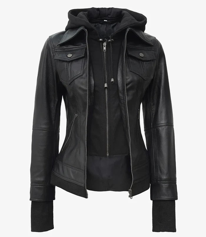 Women’s Black Real Leather Bomber Jacket – Front View with Hood