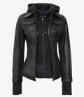 Women’s Black Real Leather Bomber Jacket – Front View with Hood