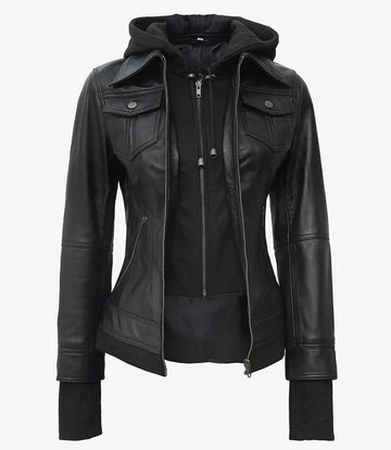 Women’s Black Real Leather Bomber Jacket – Front View with Hood