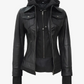 Storm Women's Black Hooded Bomber Leather Jacket - Hood Detail View